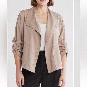 NWT MAX STUDIO Twill Drape Front Women's Taupe Open-Front Lightweight Jacket (L)